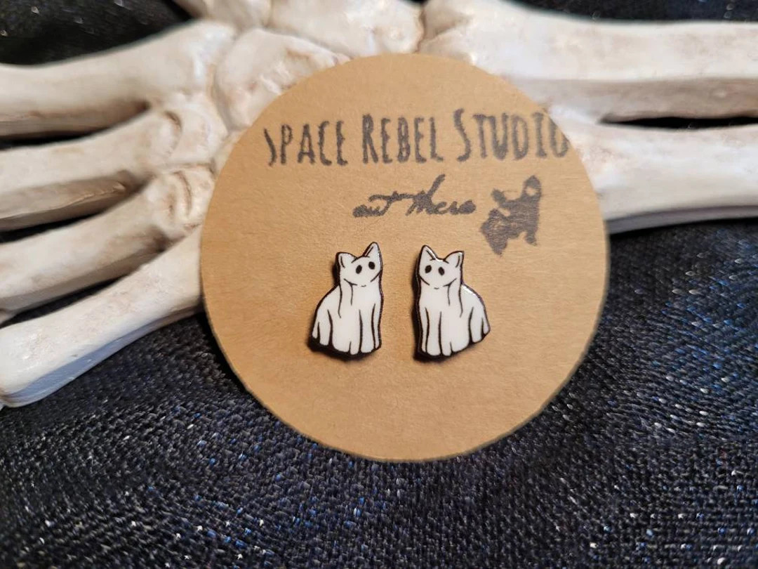 Ghost Cat Earring Studs Halloween Cat Lover Gift Cute - Etsy | Etsy (US)
