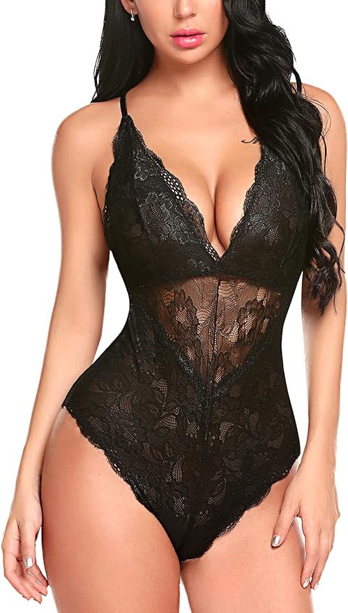 Avidlove Women Snap Crotch Lingerie Sexy Lace Bodysuit Deep V Teddy One Piece Lace Babydoll | Amazon (US)