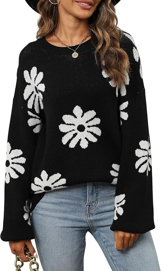 ECOWISH Women Valentine Heart Sweater V Neck Embroidery Knit Loose Casual Long Sleeve Ribbed Pull... | Amazon (US)