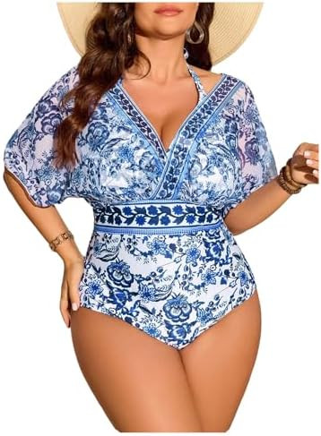 Floerns Women's Plus Size One Piece Swimsuit Floral Print Halter Tie Back Short Sleeve Beachwear | Amazon (US)
