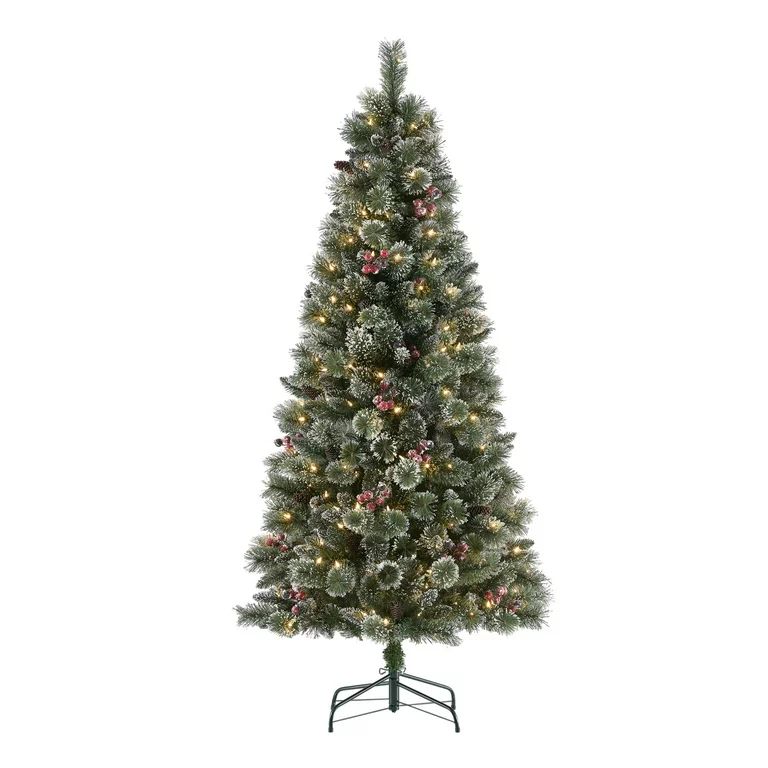 Holiday Time Slim 6.5-Foot Pre-Lit Glittering Frosted Pine Artificial Christmas - Walmart.com | Walmart (US)
