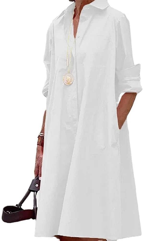 Costaric Women's Long Sleeve Button Down Shirt Dress Cotton Linen V Neck Loose Fit Casual Shirt D... | Amazon (US)