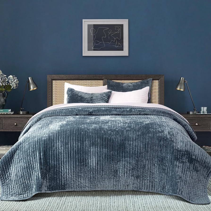 EVERGRACE Velvet Quilt Set Queen Size, Luxurious Soft Striped Channel Bedding Set, Lightweight Ve... | Amazon (US)