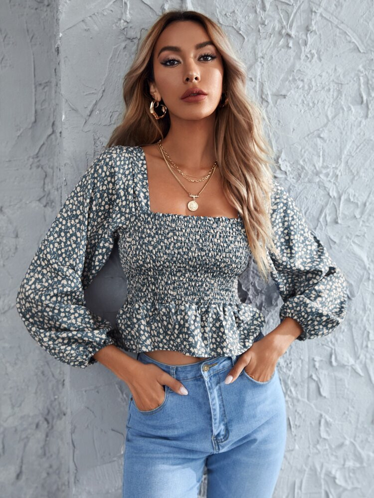 Ditsy Floral Smocked Peplum Top | SHEIN