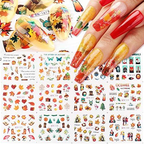 12 Sheets Fall Nail Art Stickers Autumn Winter Thanksgiving Nail Decals for Acrylic Nails Water T... | Amazon (US)