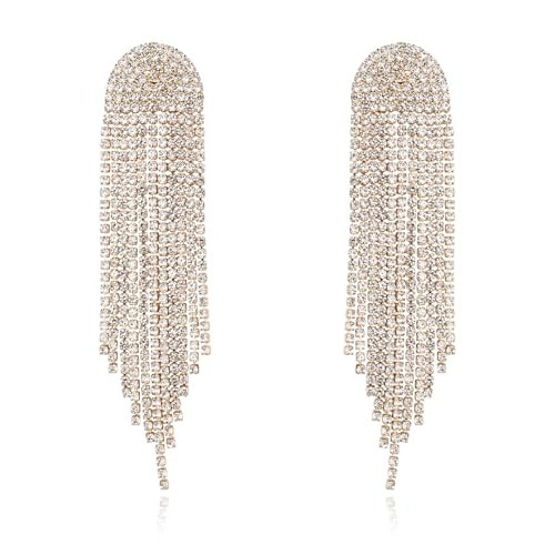 Rhinestone Dangling Earrings for Women Sparkly Dangle Earrings 14K Gold Plated Tassel Lightweight Ear Studs Crystal Statement (Gold) | Amazon (US)