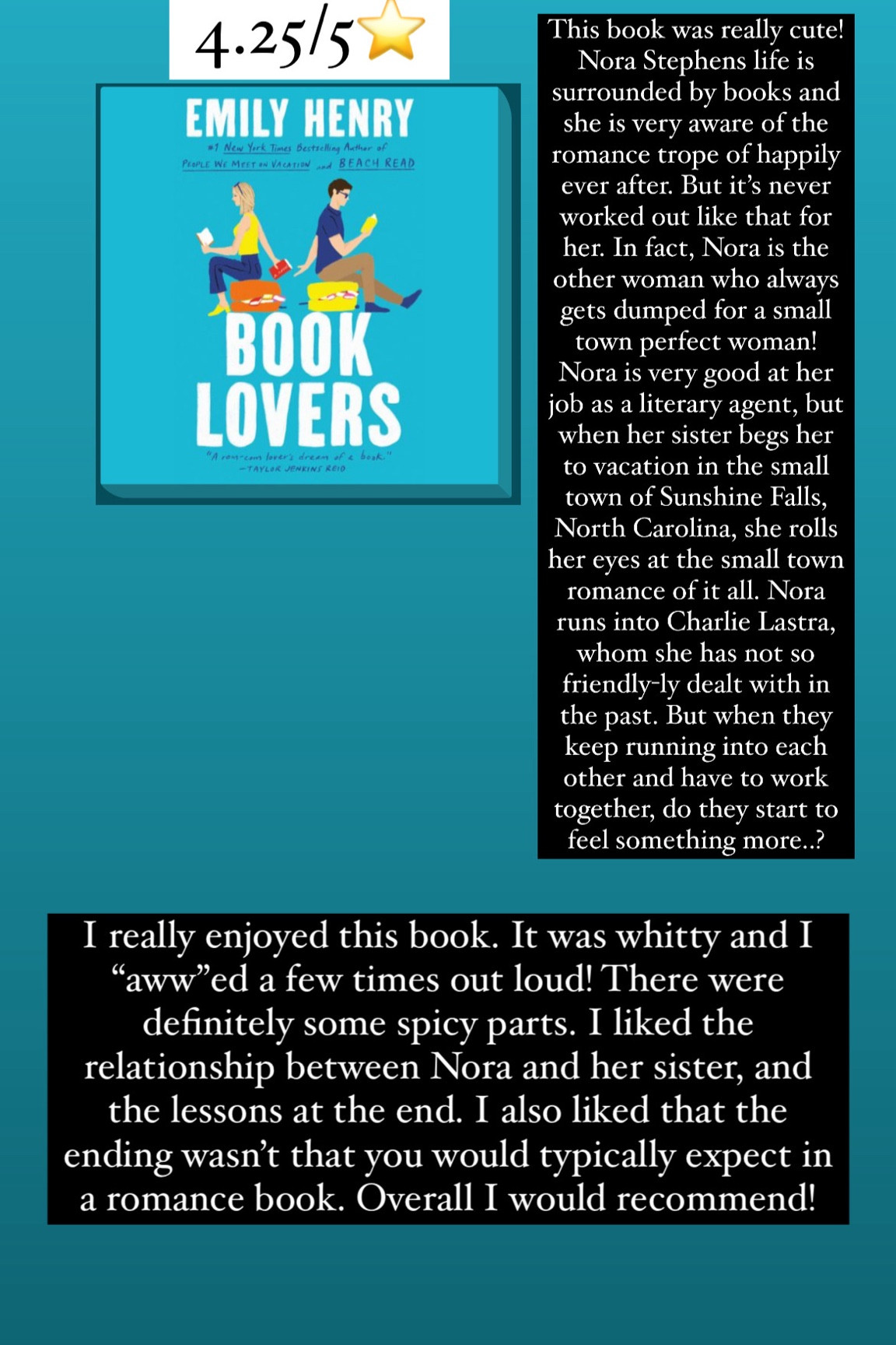 9. Book Lovers by Emily Henry :: 4.25/5⭐️. This book was really cute! Nora Stephens life is surrounded by books and she is very aware of the romance trope of happily ever after. But it’s never worked out like that for her. In fact, Nora is the other woman who always gets dumped for a small town perfect woman! Nora is very good at her job as a literary agent, but when her sister begs her to vacation in the small town of Sunshine Falls, North Carolina, she rolls her eyes at the small town romance of it all. Nora runs into Charlie Lastra, whom she has not so friendly-ly dealt with in the past. But when they keep running into each other and have to work together, do they start to feel something more..? I really enjoyed this book. It was whitty and I “aww”ed a few times out loud! There were definitely some spicy parts. I liked the relationship between Nora and her sister, and the lessons at the end. I also liked that the ending wasn’t one that you would typically expect in a romance book. Overall I would recommend!

book / thrillers / romance / travel book / good reads / booktok books / book recommendations / on my bookshelf / kindle books / audio books / kindle girlie / kindle unlimited / amazon books / amazon reads / amazon readers / reading / reading must haves / trending books / kindle accessories / books accessories / books

#LTKhome #LTKtravel