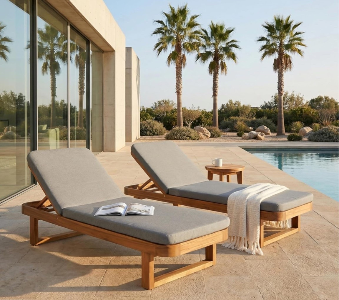 These chaise loungers look like they belong at a luxury coastal resort. ☀️ The teak wood finish, light gray cushions, and adjustable backrests create the perfect setup for poolside lounging, tanning, reading outside, and relaxing summer afternoons in the sunshine. Timeless, elevated, and beautifully designed, they're the kind of patio pieces that instantly make a backyard feel more expensive. 

If you're dreaming of a resort-style outdoor oasis this summer, these are worth a spot on your wish list. 🌴

#LTKSeasonal #LTKSwim #LTKHome