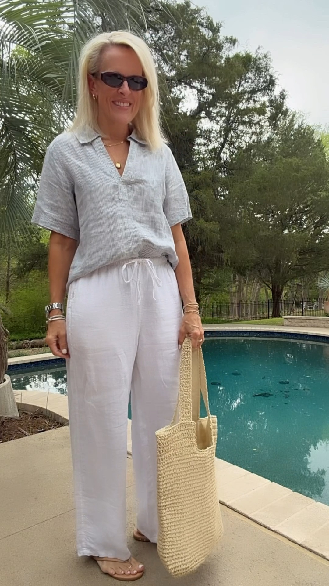 If I’m packing for the beach, linen is coming with me!
These are some favorite linen pants and under $100.
Come in several colors and three different links 

White pants - lined. I’m eating small classic length
Flax pants - i’m wearing small, tall length 
And I’m 5’6” tall

button up blouse is currently 40%  off! I sized down one size 

Blue white strip linen top - wearing small 

@Quince ￼￼@jcrew 

#LTKSaleAlert #LTKTravel #LTKOver40