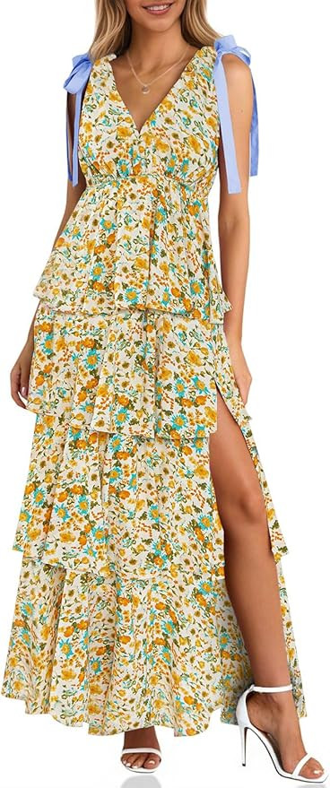 Wenrine Womens Summer Floral Maxi Dress Tie Strap Sleeveless V Neck High Slit Boho Ruffle Tiered ... | Amazon (US)