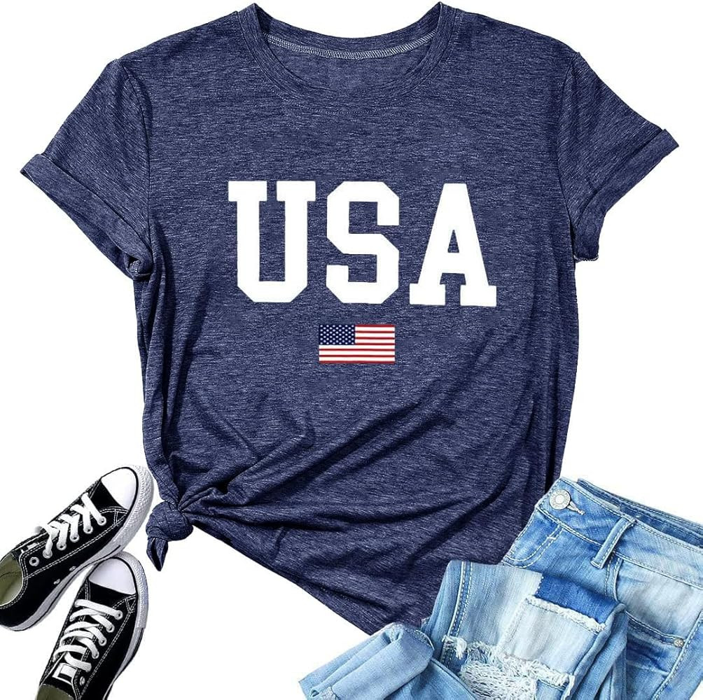 USA Flag Tee Shirt for Women 4th of July Memorial Day Gift T Shirt Casual Short Sleeve American P... | Amazon (US)