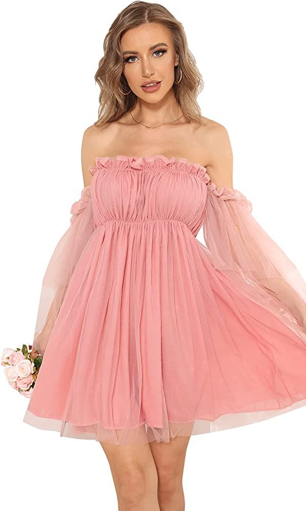 Halfword Off Shoulder Mini Dress for Women Flounce Long Sleeve Ruffle Mesh Party A-Line Short Dre... | Amazon (US)