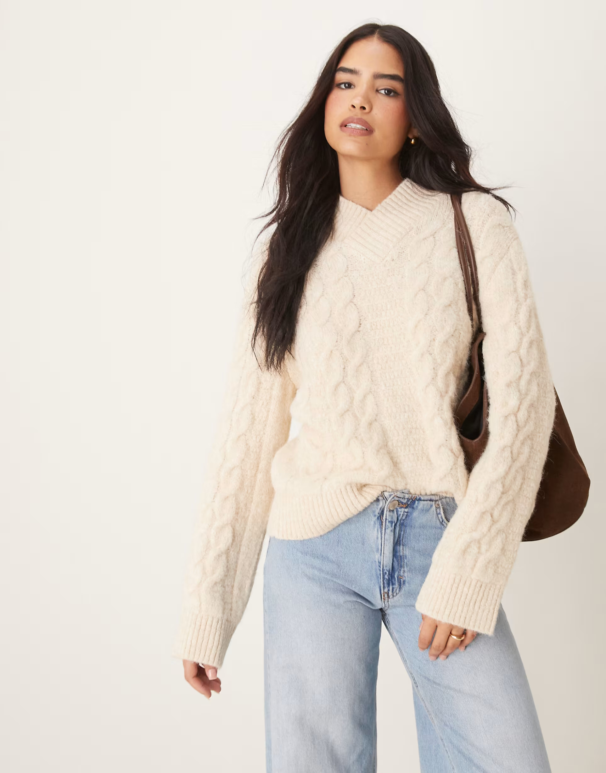 ASOS DESIGN wool blend cable knit jumper with high v in ecru | ASOS (Global)