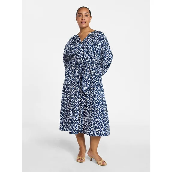 Terra & Sky Women's Plus Size Midi Peasant Dress, Sizes 0X-4X | Walmart (US)