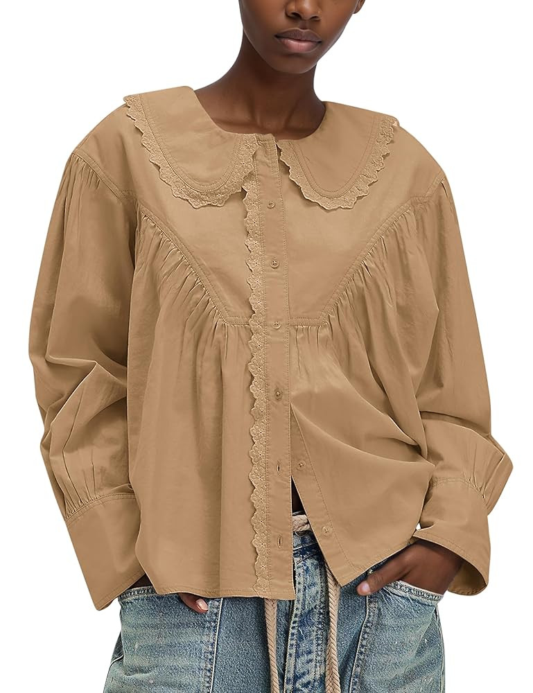 Womens Peter Pan Collar Button Down Blouses Shirts Loose Fit Casual Long Sleeve Summit Shirt | Amazon (US)
