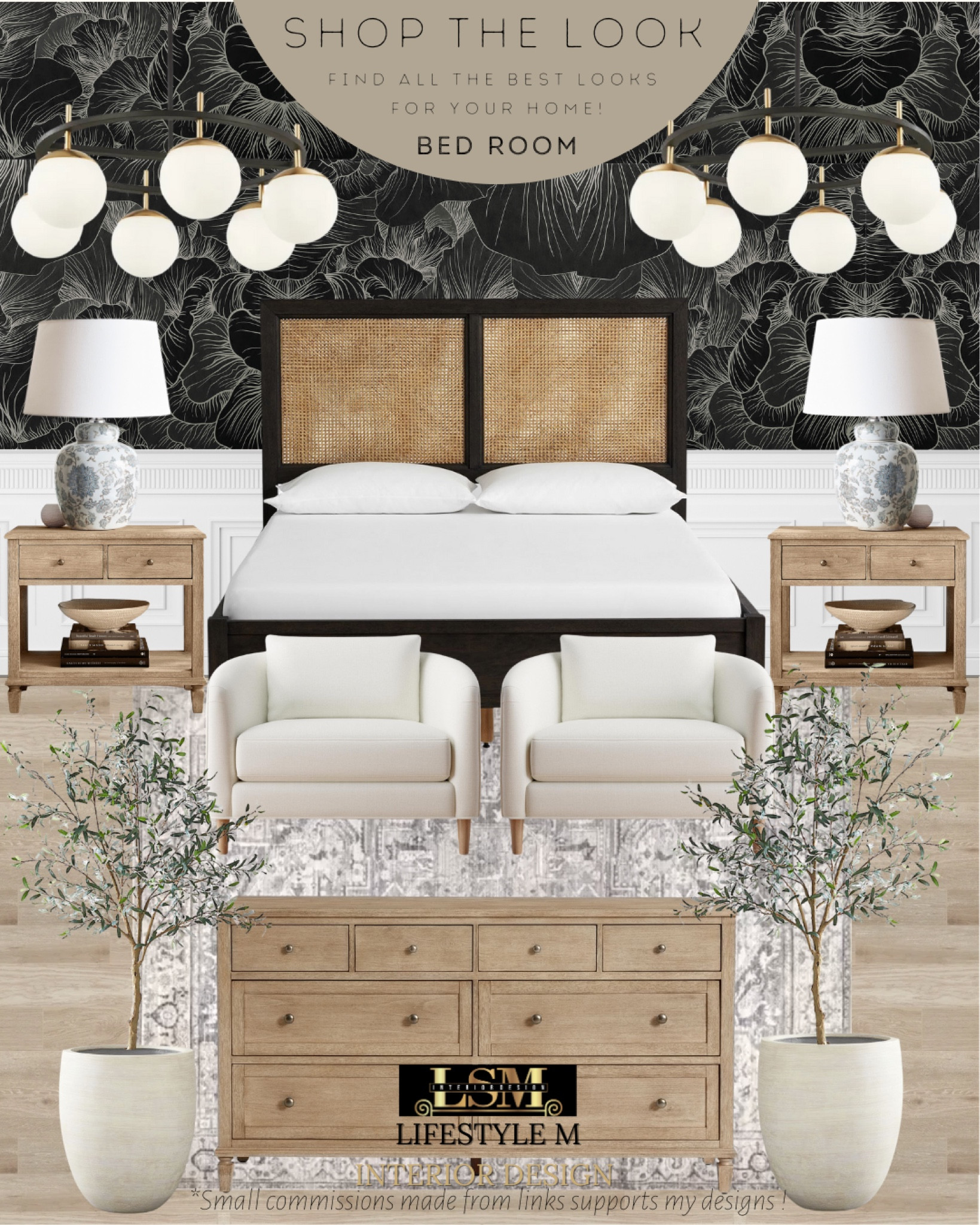 Modern farmhouse master bedroom design idea. Black cane bed frame, wood leg upholstered chair, natural wood dresser, natural wood night stand, floral night stand lamp, white terracotta tree planter pot, realistic faux fake olive tree, vintage traditional white black rug, round modern globe chandelier, black wall paper.

#LTKhome #LTKFind #LTKstyletip