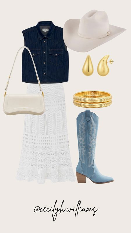Everything in this post is under $100

Western outfit. Country concert. Summer outfit. Spring outfit. Denim cowboy boots. Blue cowboy boots. Gold drop earrings. Amazon find. White leather handbag. Jw pei. Western boots. Gold bangle bracelets. Denim top. Denim pearlsnap womens shirt. Stetson hat. White crochet skirt. Crochet maxi skirt. Cropped denim top. 

#LTKstyletip #LTKfindsunder100