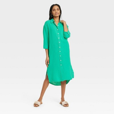 Women's 3/4 Sleeve Midi Shirtdress - Universal Thread™ Green L | Target