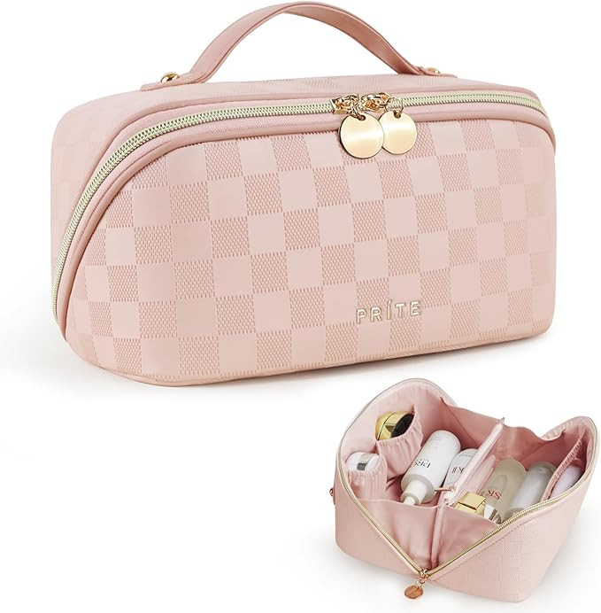 Prite Makeup Bag for Women Travel Waterproof Vegan Leather Cosmetic Bag Open Flat Toiletry Bag Wi... | Amazon (US)