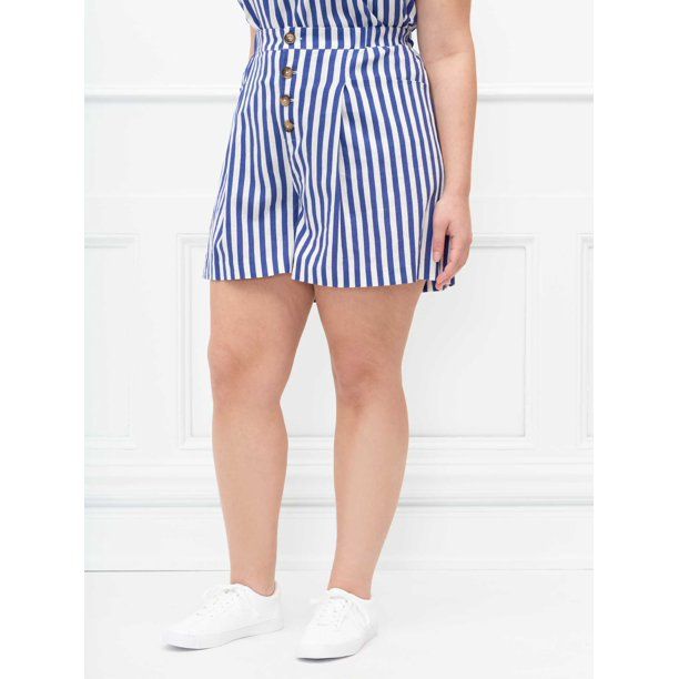 ELOQUII Elements Women's Plus Size Striped Linen Button Front Shorts | Walmart (US)