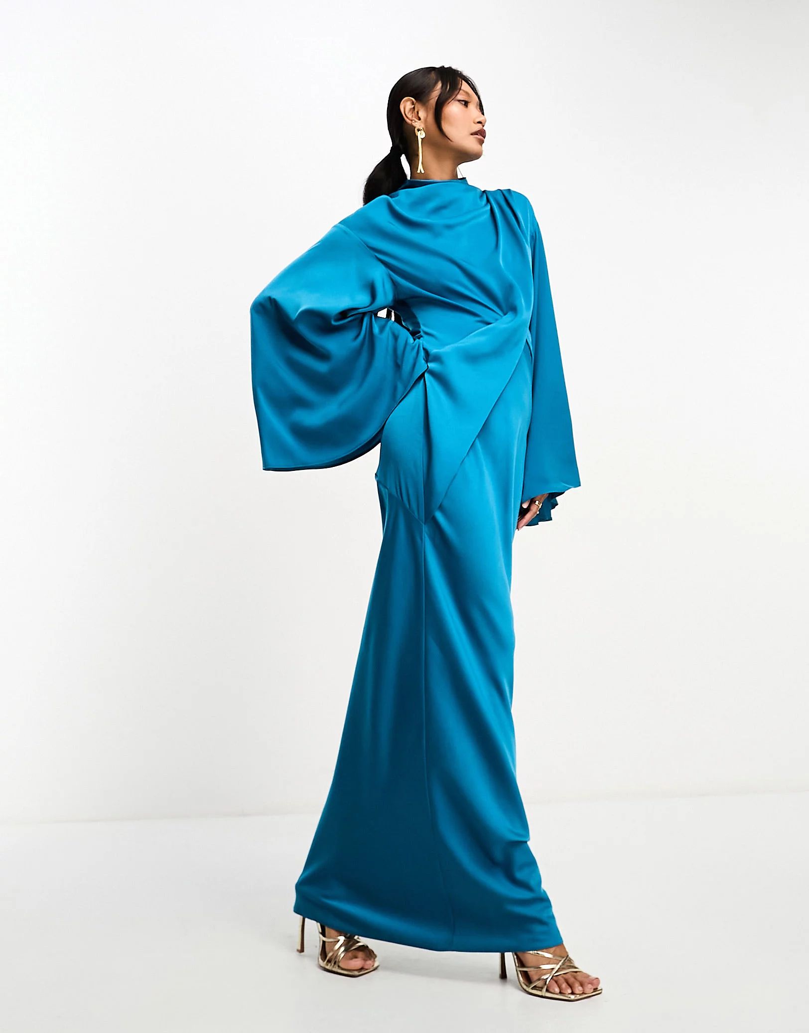ASOS DESIGN satin wrap maxi dress with drape bodice and kimono sleeve in ink blue | ASOS (Global)