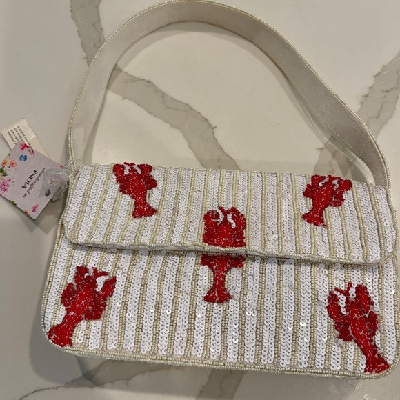 🦞 NWT Made in India White and Red Lobster Sequin Shoulder Bag | Poshmark