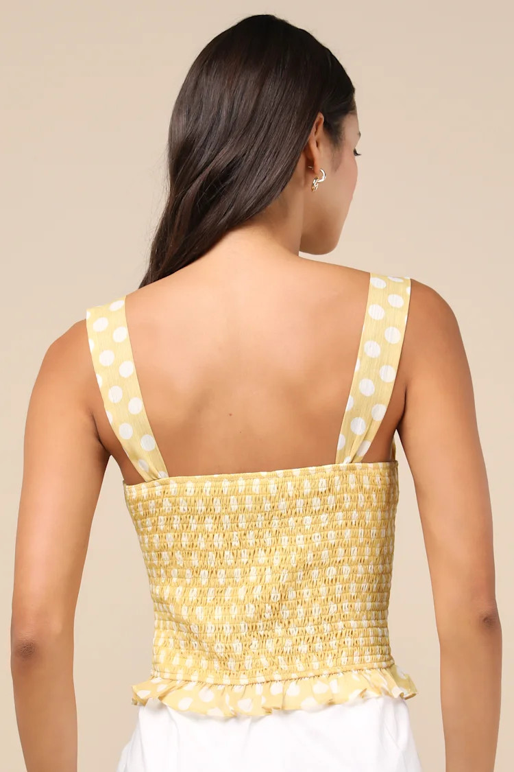Luci Yellow Polka Dot Ruffled Tank Top | Lulus