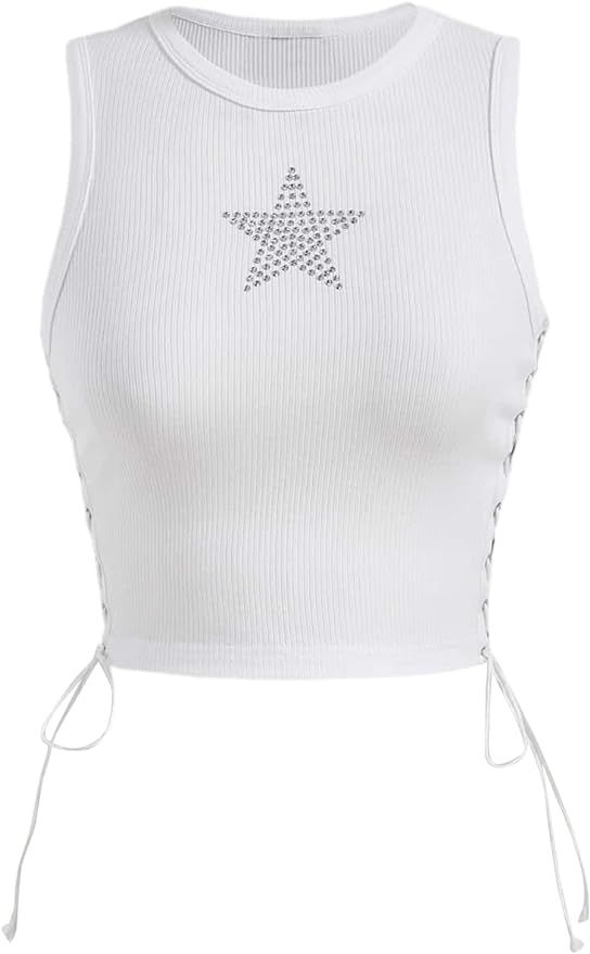 SOLY HUX Women's Star Rhinestone Y2k Tank Top Lace Up Vest Summer Crop Tops | Amazon (US)