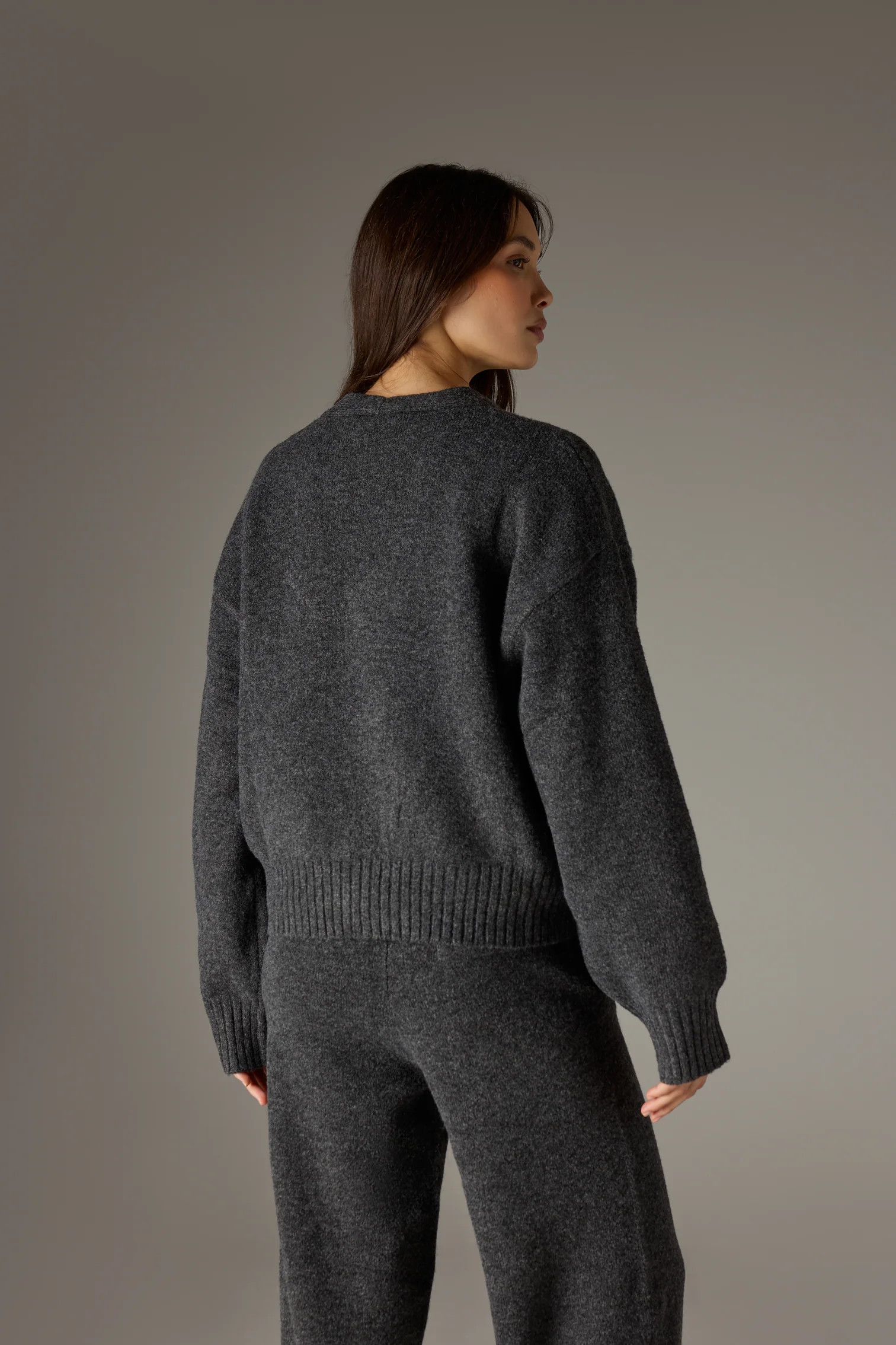 FLUFFY KNIT EMBLEM EMBROIDERED CARDIGAN - CHARCOAL | The Couture Club