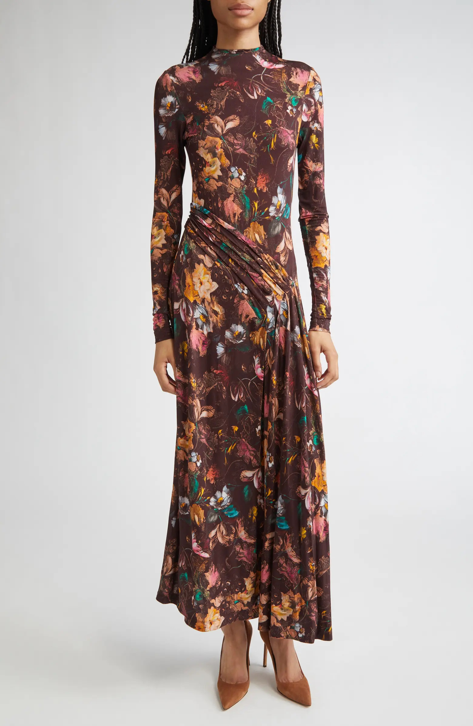 Long Sleeve Floral Draped Front Jersey Maxi Dress | Nordstrom