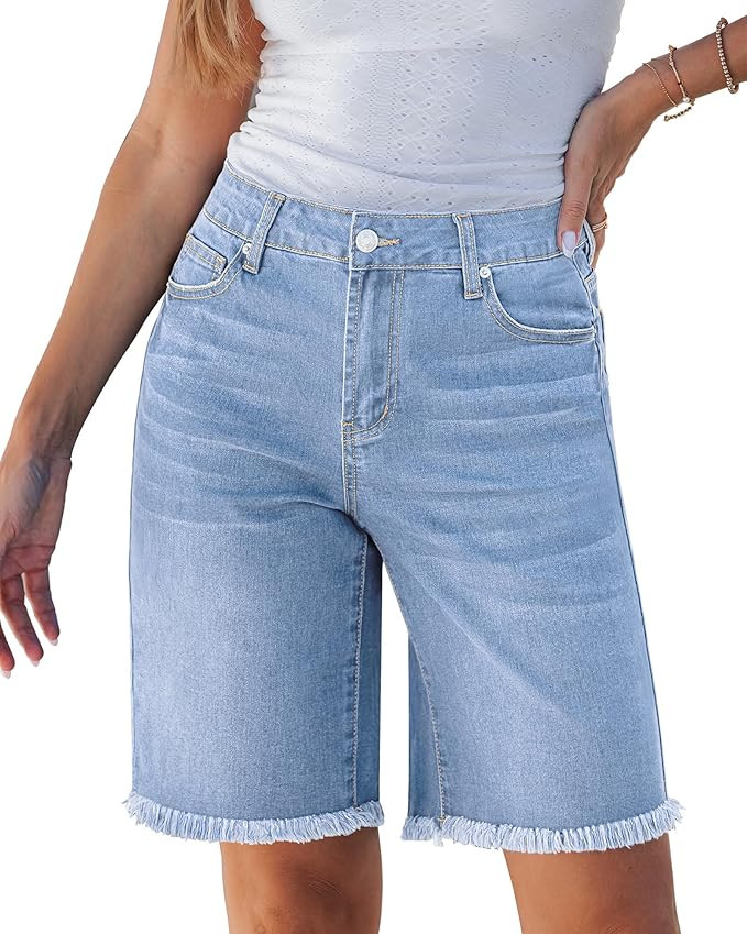 luvamia Jean Bermuda Shorts for Women Trendy Mid Rise Raw Hem Knee Length Stretchy Denim Long Sho... | Amazon (US)
