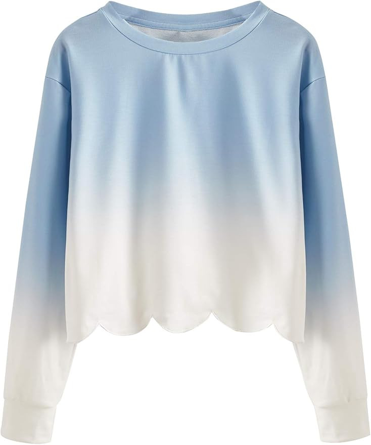 Romwe Women's Casual Long Sleeve Scalloped Hem Crop Tops Sweatshirt | Amazon (US)