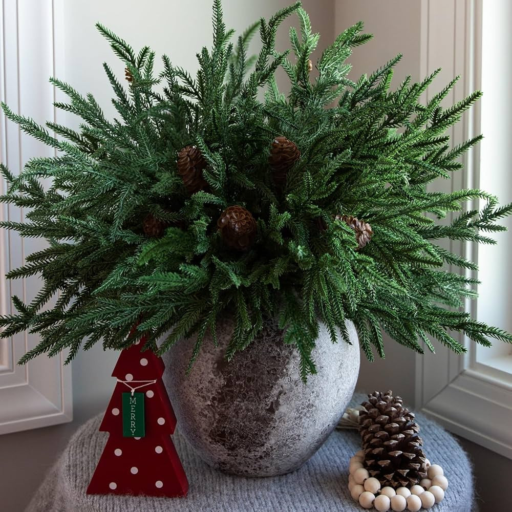 12PCS Christmas Norfolk Pine Stems, Real Touch 17 Inches Artificial Norfolk Pine Branches with 5 ... | Amazon (US)