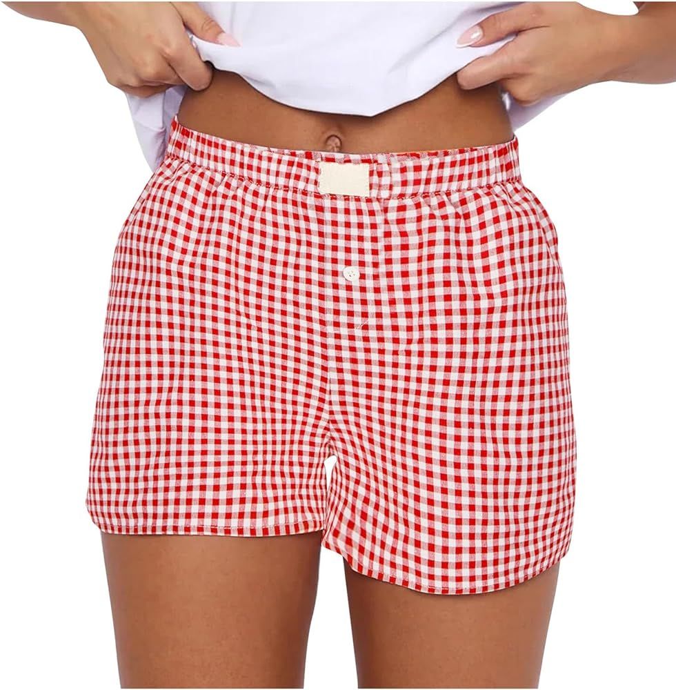 DASAYO Womens Shorts Casual Summer 2024 Elastic Waist Plaid Boxer Shorts Trendy Cute Beach Comfy ... | Amazon (US)