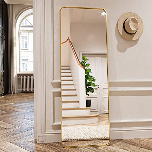 HARRITPURE Full Length Mirror 64"x21" Rounded Corner Aluminum Frame Gold Full Body Floor Mirror Rectangle Standing Mirrors for Living Room Bedroom Cloakroom | Amazon (US)