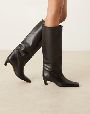 ASOS DESIGN Candace premium pull on chisel toe knee boots in black leather | ASOS | ASOS (Global)