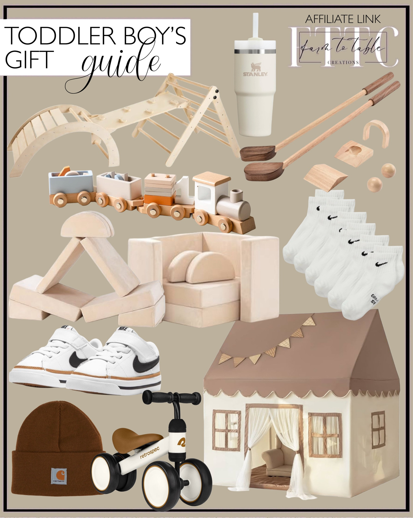 Toddler Boy’s Gift Guide. Follow @farmtotablecreations on Instagram for more inspiration.

Wooden Train Set. Wooden Work Bench.  Montessori foldable climbing set. Play Tent. Fabric Foam Climbing Blocks. Play Tent with Tunnel. Golf Set for kids. Kids Carhart hat. Nike Boys Sneakers. Nike ankle socks. Kids size couch. Cricket Baby walker balance bike. Stanley Tumbler. 

Amazon Finds. Amazon Gifts. Gifts for toddler boys. Christmas gifts for boys. Holiday gifts. Stocking Stuffers. Gift Guide for toddler. Kids toys. Toddler Boy Toys. Toddler Christmas gifts. 

#LTKKids #LTKGiftGuide #LTKHoliday