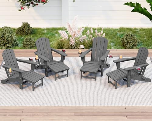 KINGYES Folding Adjustable Adirondack Chair with Ottoman & 2 Cup Holders Set of 4, HDPE Adirondack Recliner Chair with Footrest, Grey | Amazon (US)