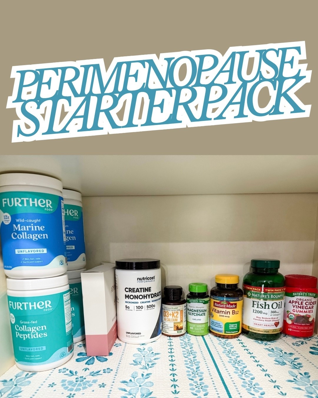 Tell me you’re perimenopausal without telling me 😂 This cabinet says it all. Collagen, creatine, magnesium, B12, D3+K2, fish oil, ACV gummies…basically the perimenopause starter pack. 

I linked everything here so you can grab if you need too 🔗 ⬇️💬


#LTKActive #LTKBeauty #LTKOver40