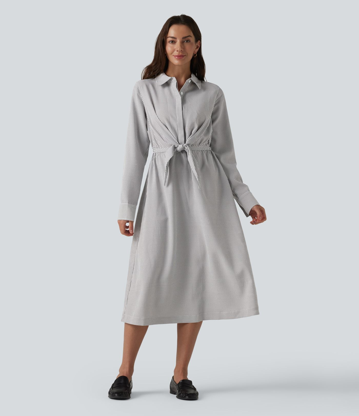 Collar Long Sleeve Tie-front Stripes Midi Work Shirt Dress | HALARA