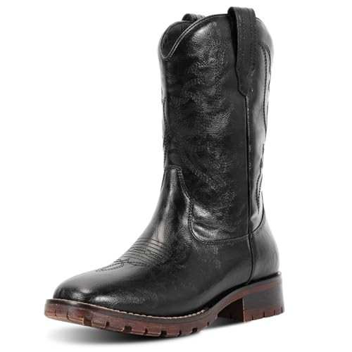 RLW Cowboy Boots for Men Classic Western Style Mens Motorcycle Boots Square Toe with Comfortable Synthetic Leather, Black 9.5 | Amazon (US)