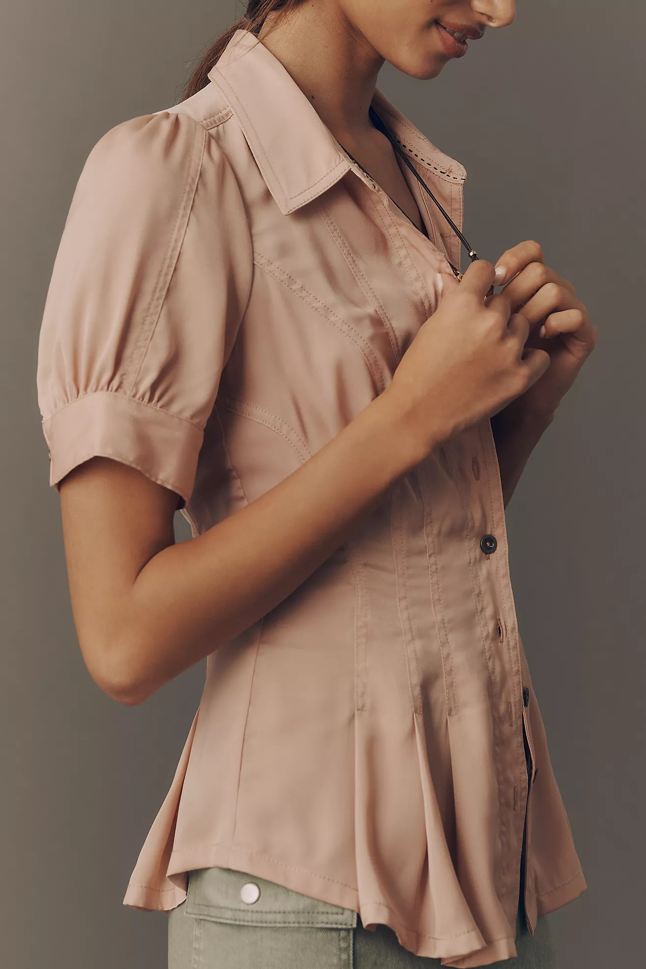 Pilcro Waisted Puff-Sleeve Buttondown Top | Anthropologie (US)