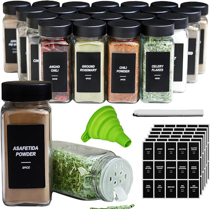 48Pcs Spice Jars Containers with Labels，4oz Black Seasoning Bottles with Shaker Lids for Rack, ... | Amazon (US)