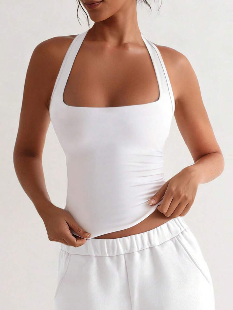 XLLAIS Sexy Backless Halter Tops Fashion Square Neck Elastic Casual Slim Fit Summer Women's Camis... | SHEIN