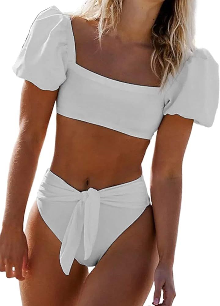 Dokotoo Womens 2022 Cute Solid Bubble Sleeves High Waisted Two Piece Bikini Swimsuit | Amazon (US)