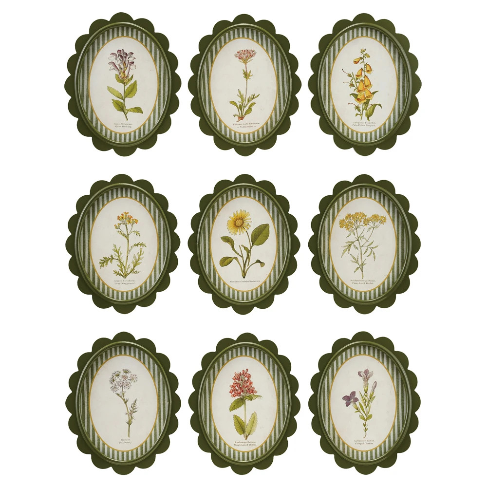Linara Updated Traditional Yellow Floral Green Frame Illustration - Set of 9 | Kathy Kuo Home