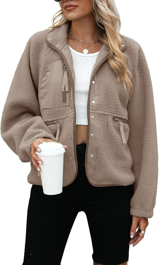 Yanekop Womens Fleece Jacket Fuzzy Long Sleeve Short Coats Button Down Sherpa Outerwear with Pock... | Amazon (US)