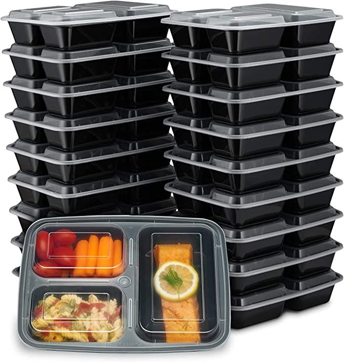 EZ Prepa [20 Pack] 32oz 3 Compartment Meal Prep Containers with Lids - Bento Box | Amazon (US)