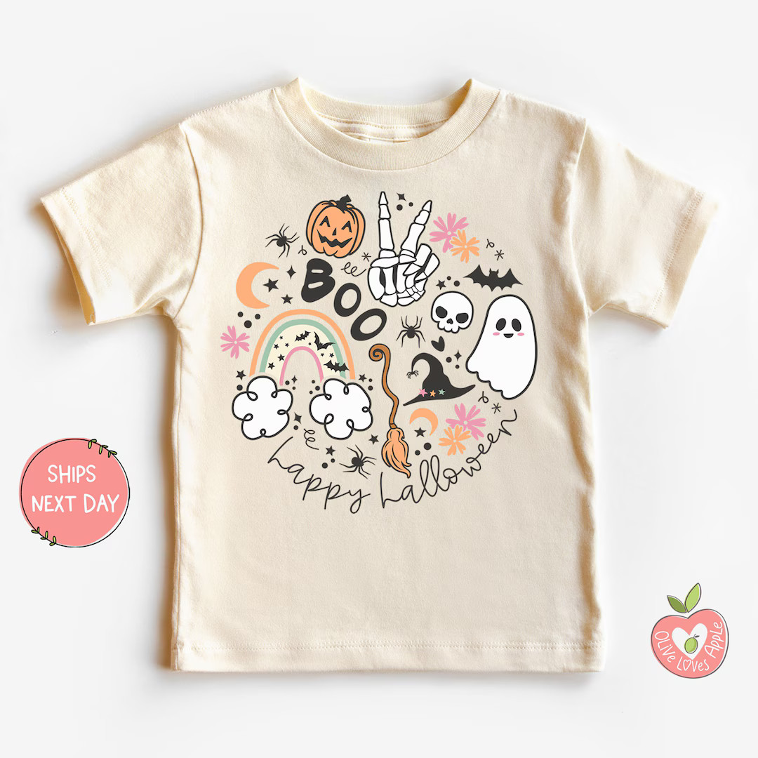 Happy Halloween Shirt for Baby, Toddler and Kids Girls Boo Groovy Skeleton Peace Sign Tee Spooky ... | Etsy (US)