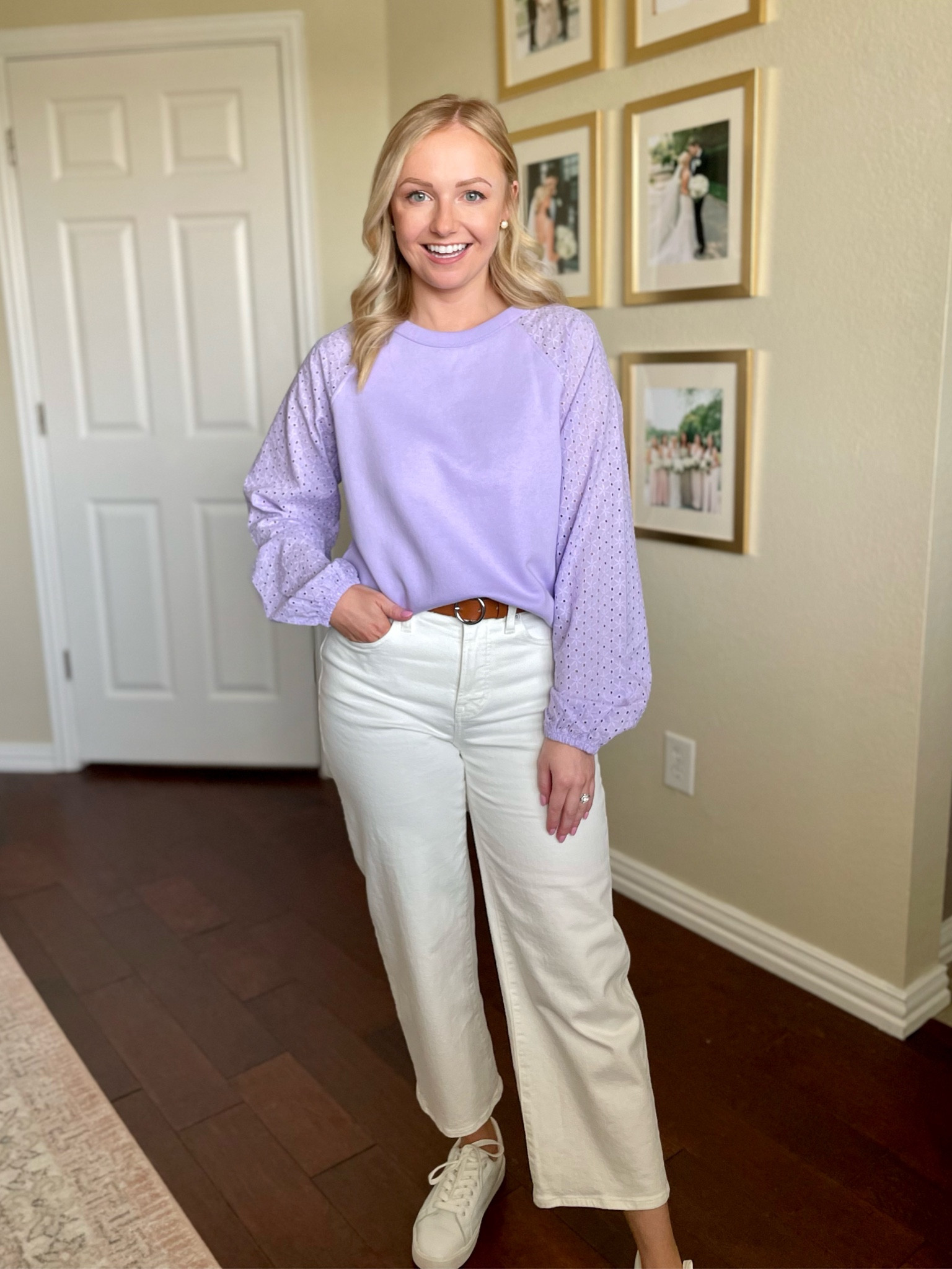 Wearing an XS in sweatshirt and 26P in jeans | white jeans, wide leg jeans, lavender top, eyelet top, spring outfit, spring top 

#LTKstyletip #LTKSeasonal #LTKFind
